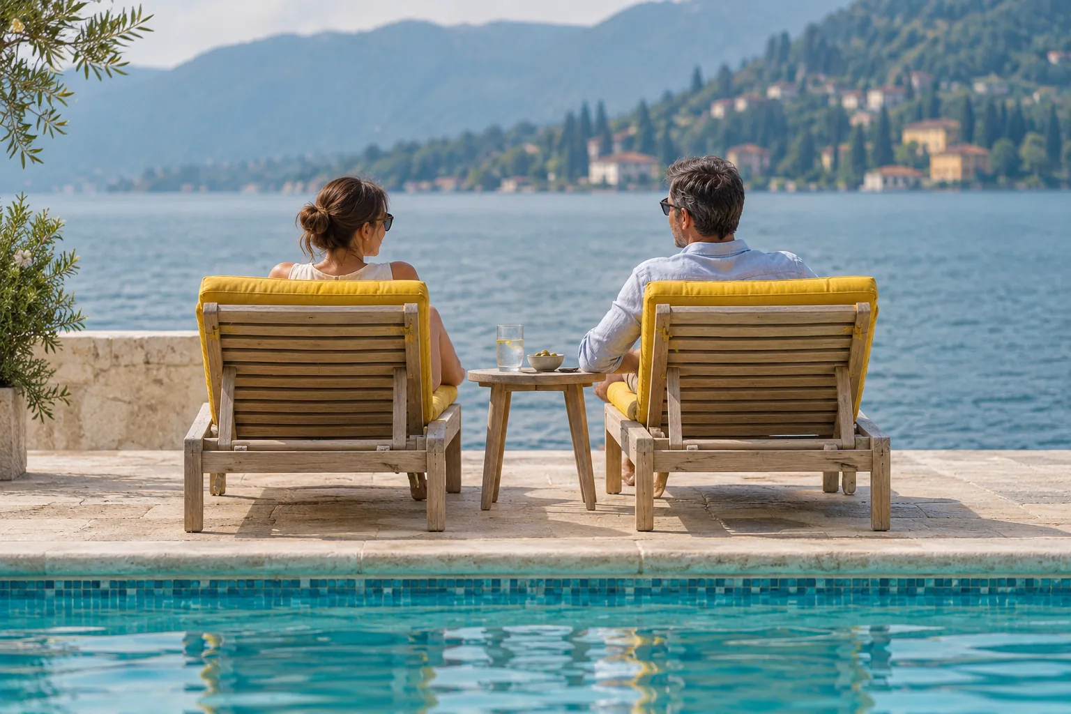 Couple relaxing on loungers between a pool and a lake